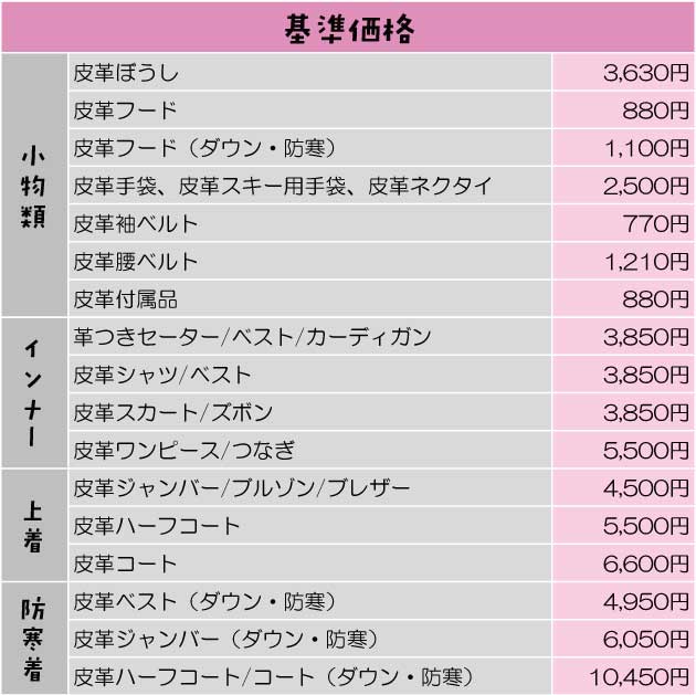皮革帽子3,300円
皮革フード800円
皮革フード（ダウン・防寒）1,000円
皮革手袋・皮革スキー用手袋・皮革ネクタイ2,500円
皮革袖ベルト700円
皮革腰ベルト1,100円
皮革付属品（えり）800円
革つきセーター・ベスト・カーディガン3,500円
ロング丈は＋1,000円
皮革シャツ・皮革ベスト3,500円
皮革スカート・皮革ズボン3,500円
皮革ワンピース・皮革つなぎ5,000円
皮革ジャンバー・皮革ブルゾン・皮革ブレザー4,500円
皮革ハーフコート5,000円
皮革コート6,000円
皮革ベスト（ダウン・防寒）4,500円
皮革ジャンバー（ダウン・防寒）5,500円
皮革ハーフコート・コート（ダウン・防寒）6,500円
えり・袖部分リブ編み品はコンビ料金を加算します。